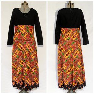Vintage 60's Empire Waist Maxi Dress Black and Bright Floral & Paisley Print S/M